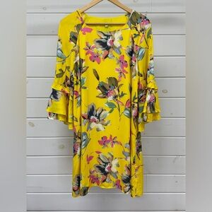 Gianni Bini Dandy Yellow Floral Dress Ruffle Flare Sleeves Women's Large